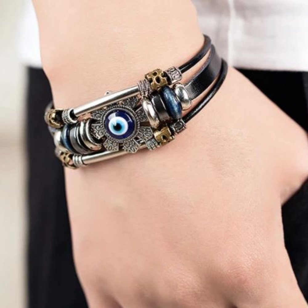 Unisex SS Turkish Evil Eye Leather Bracelet